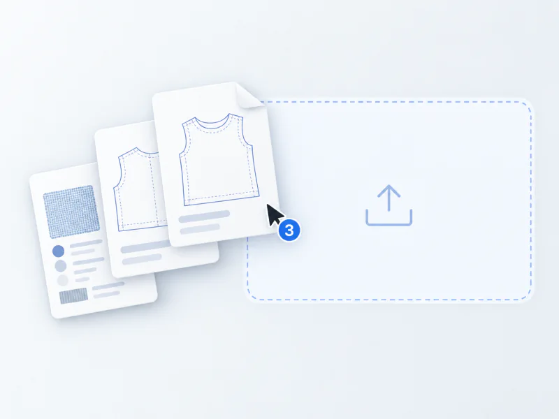 Digital garment pattern files and fabric details being dragged into an upload area