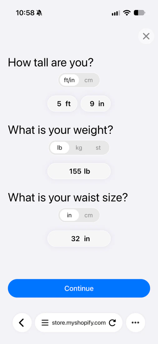 Height, weight, and waist size entry screen