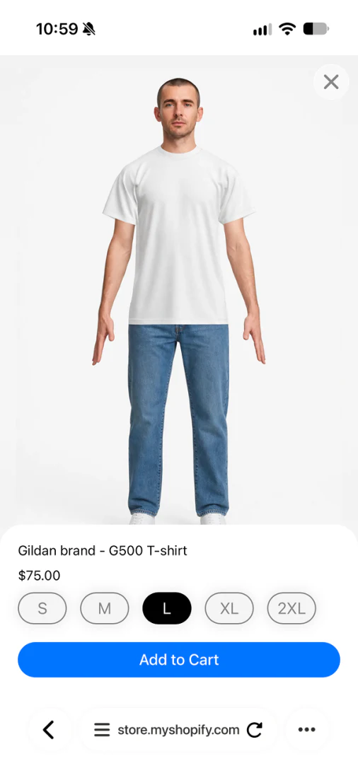 Live virtual try-on showing a shopper comparing the T-shirt in size L