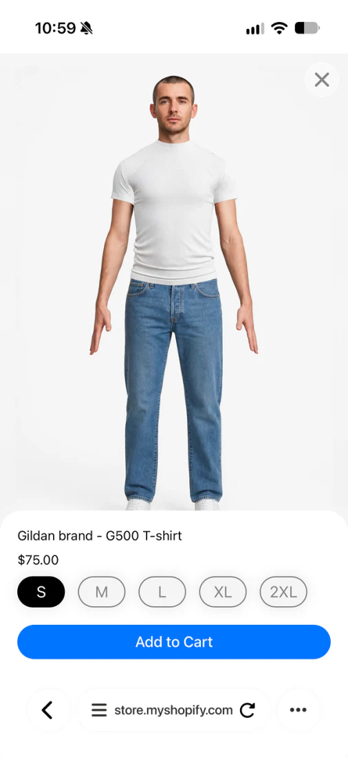 Virtual try-on showing size S